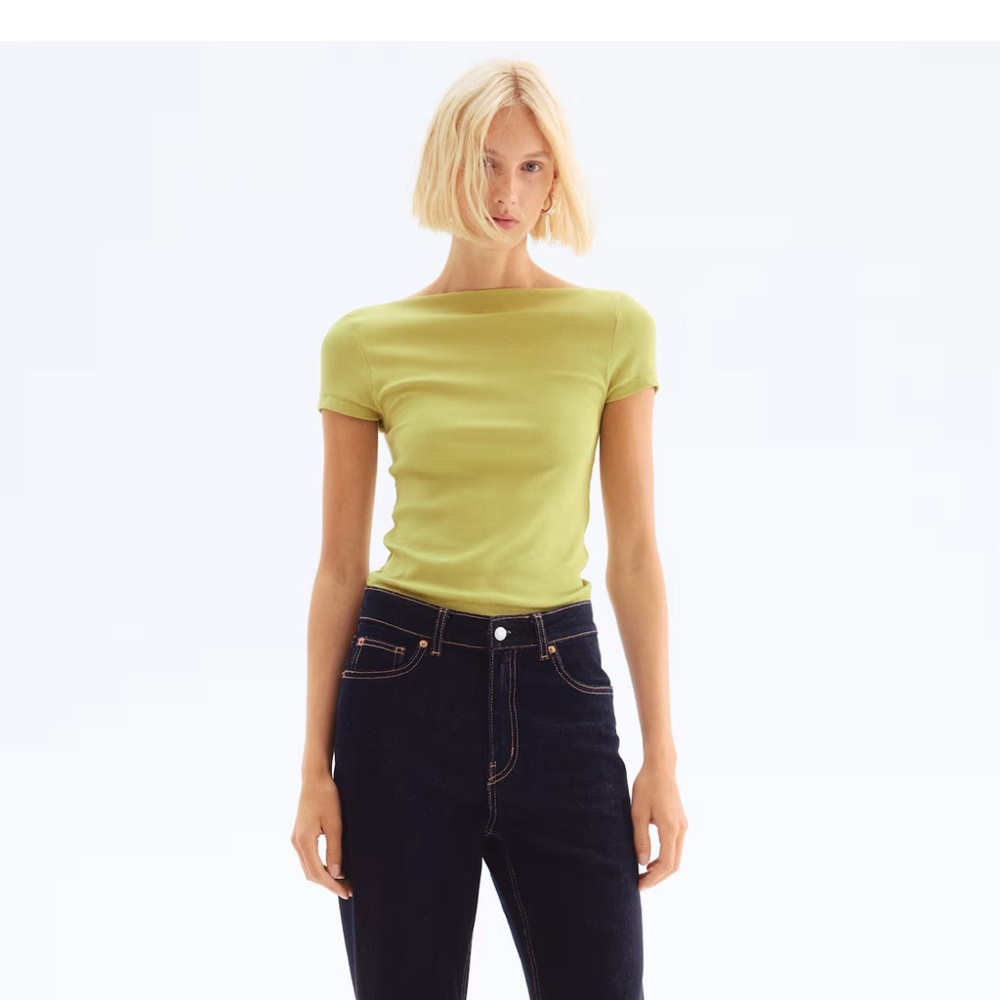 H&M Women's Yellow- Green Boat Neck Short Sleeve Tee - BNWT